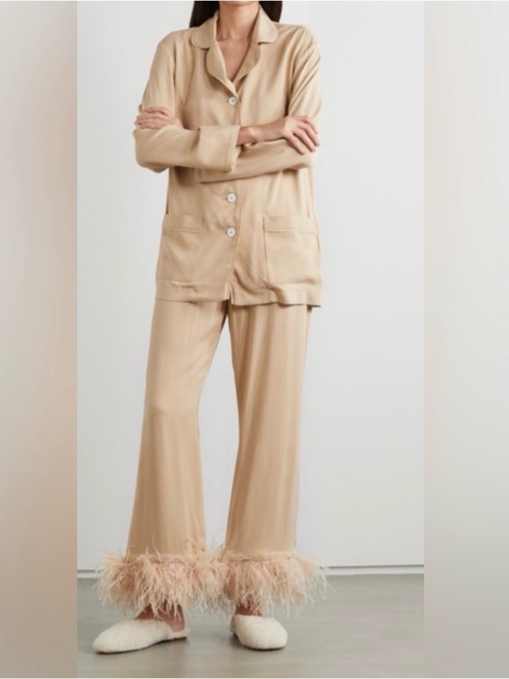 Feather Trim Wide-Leg Lounge Pants - Beige